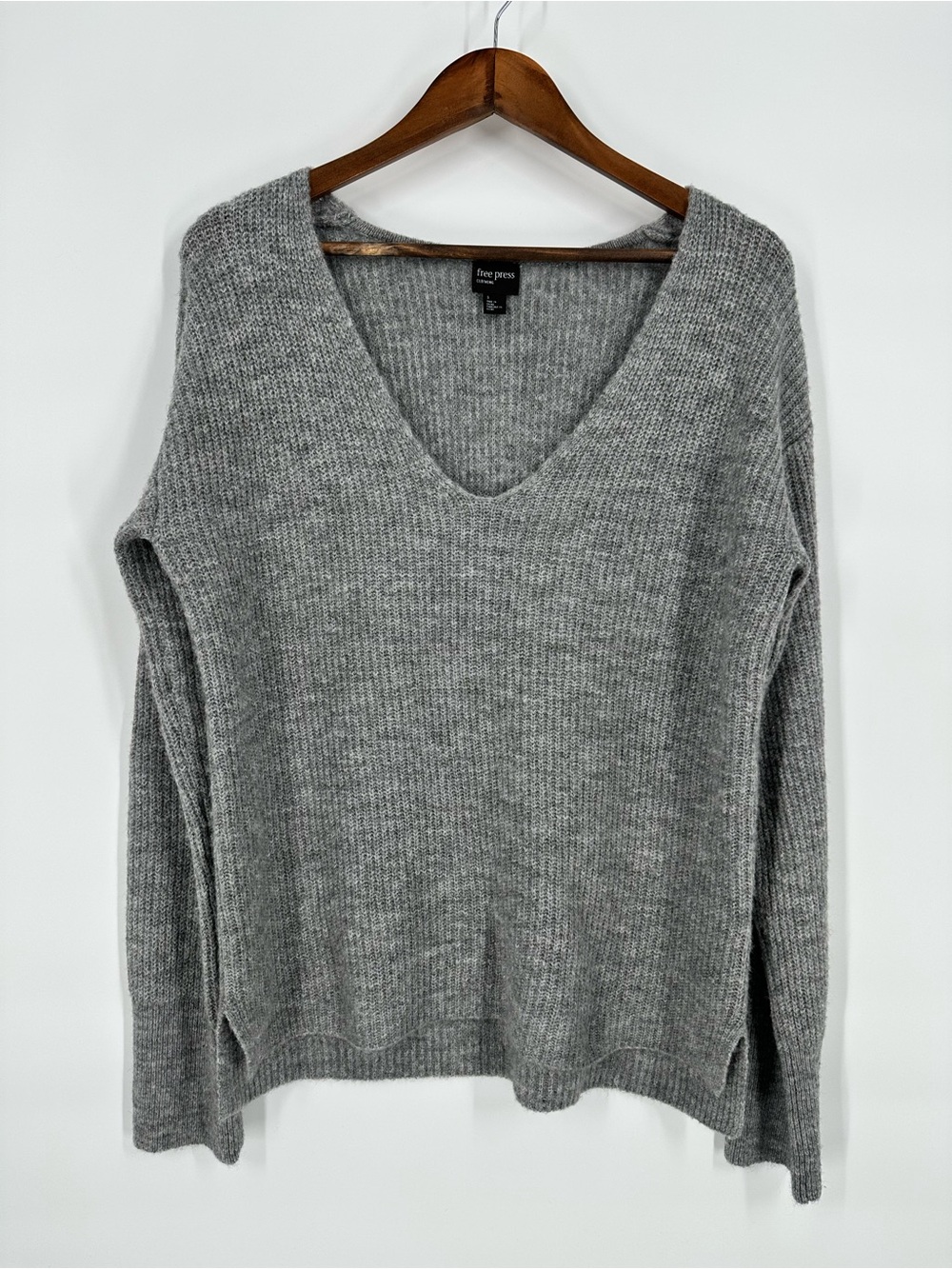 FREE PRESS Women V neck Knit Oversized Long Sleeves Gray Sweater Top Size Small